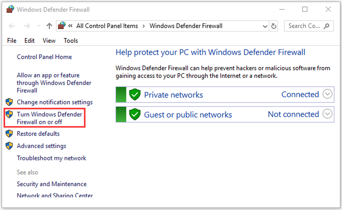 Attiva o disattiva Windows Defender Firewall