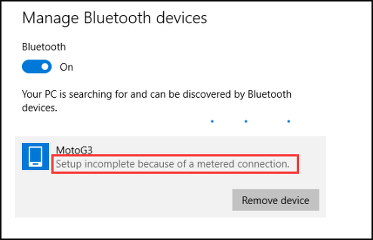 Configurazione incompleta a causa di una connessione a consumo