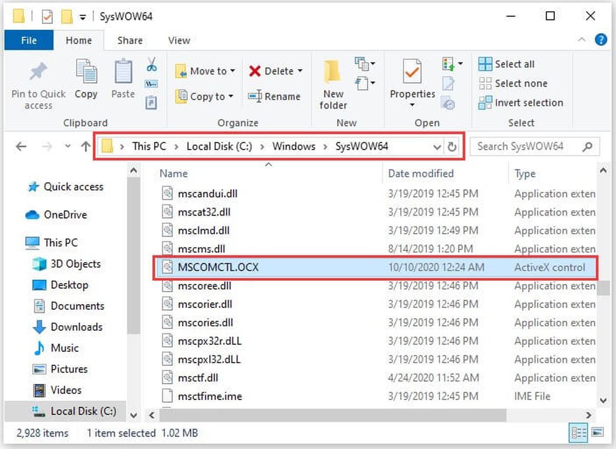 sjekk MSCOMCTL.OCX på Windows 10