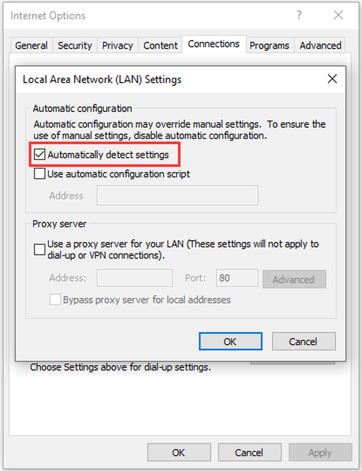 selezionare Rileva automaticamente le impostazioni
