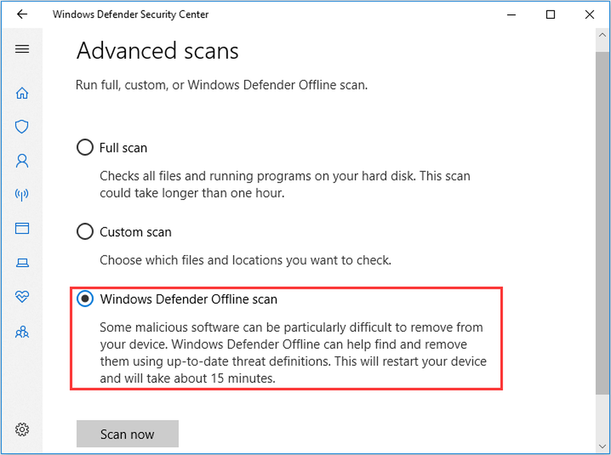 изпълнете офлайн сканиране на Windows Defender
