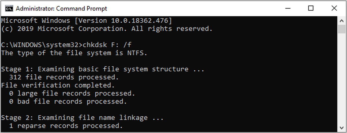 изпълнете командата chkdsk / f