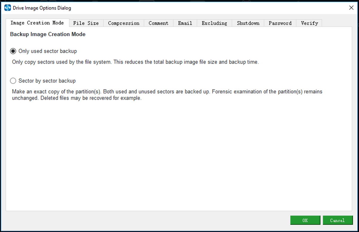 personalizzare il backup modificando le Opzioni di backup