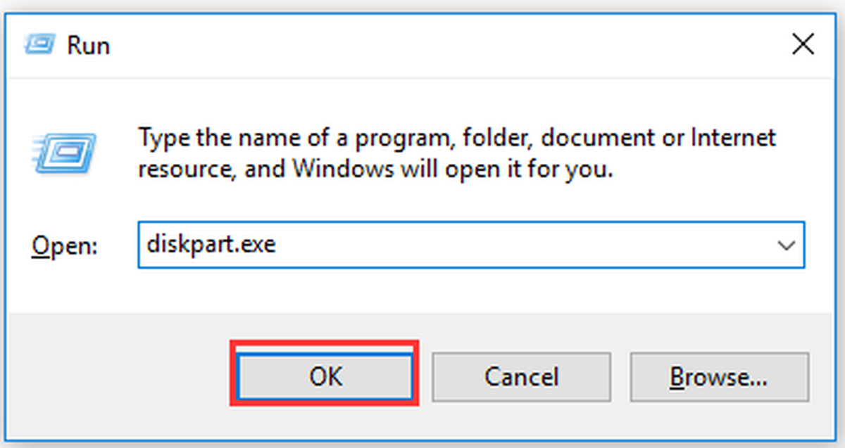 въведете diskpart.exe и щракнете върху OK