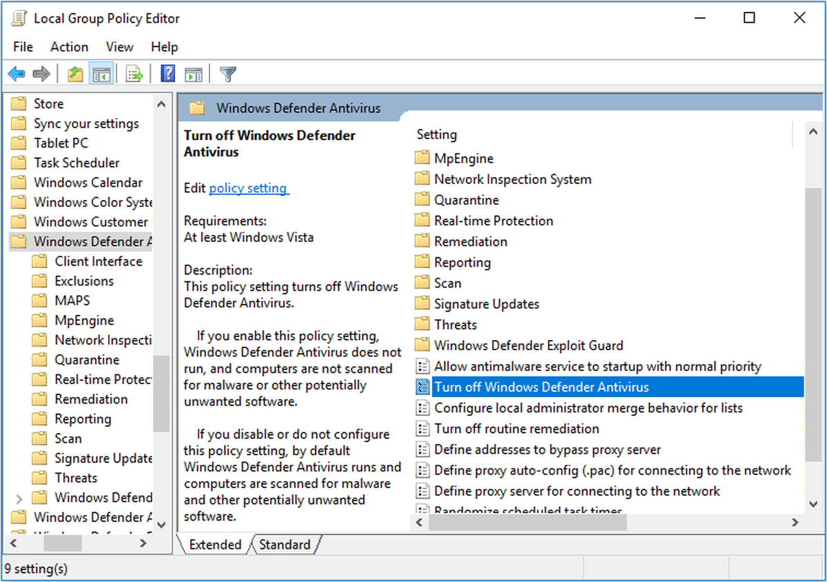poista Windows Defender käytöstä