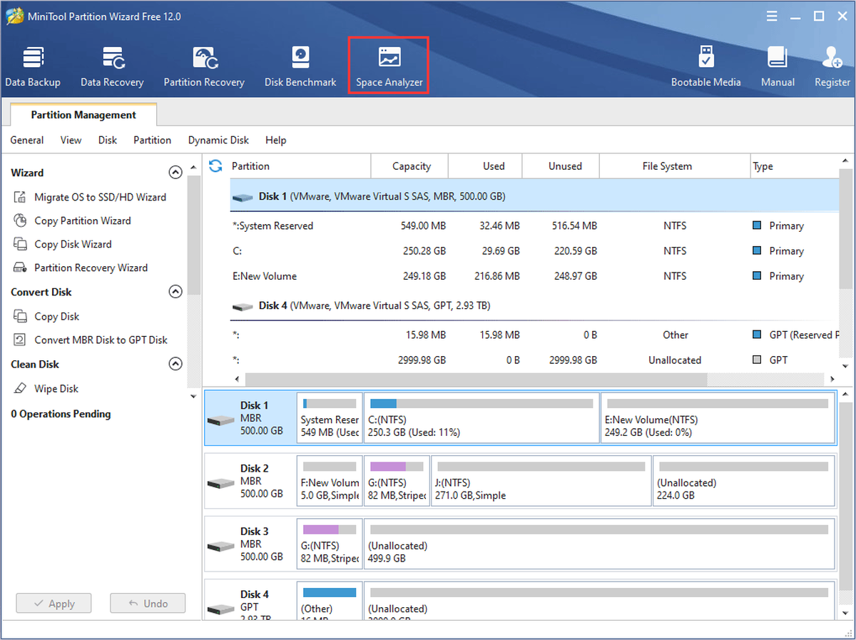 fare clic su Space Analyzer sulla barra degli strumenti