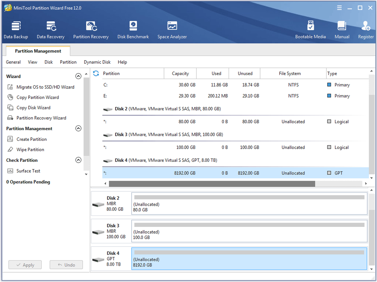 hovedgrensesnittet til MiniTool Partition Wizard