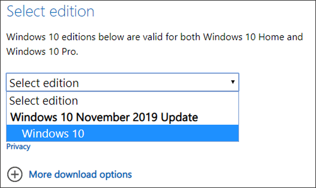 valige allalaadimiseks Windows 10 ISO väljaanne