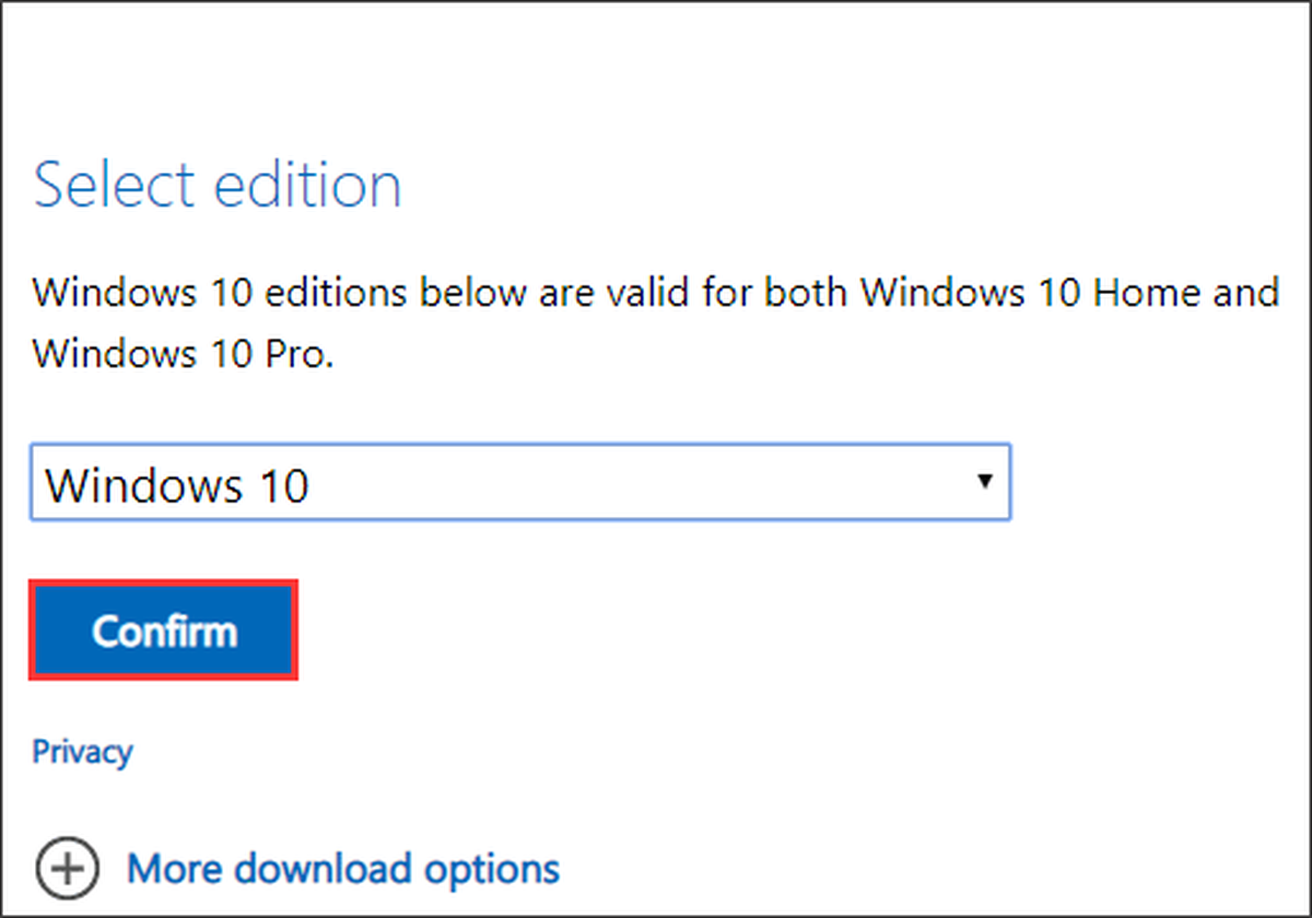 valige Windows 10 versioon ja kinnitage