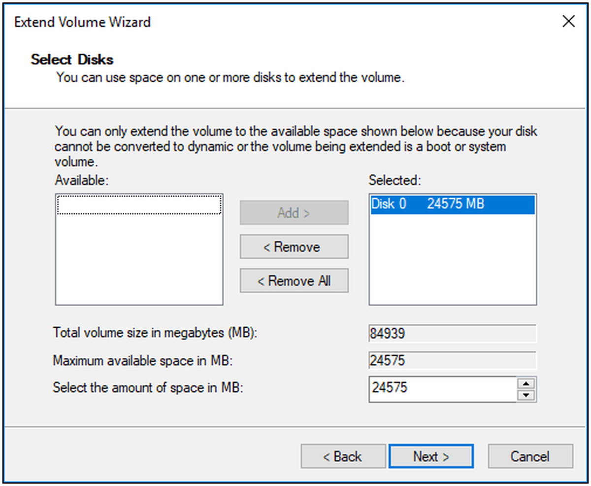 specificare la dimensione del volume in Gestione disco