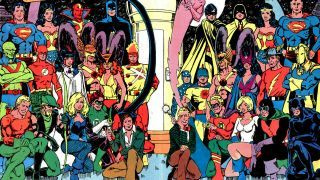 Justice League och Justice Society of America pin-up från Justice League of America #195