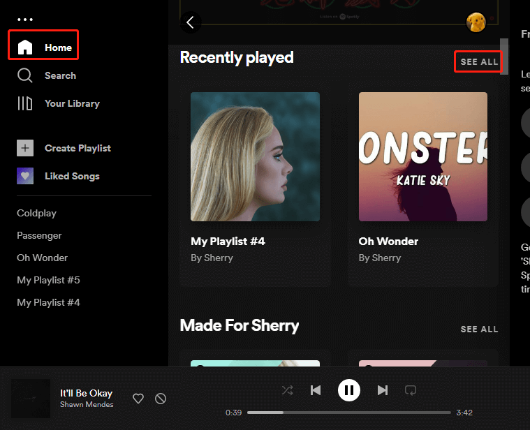 recent afgespeelde nummers bekijken