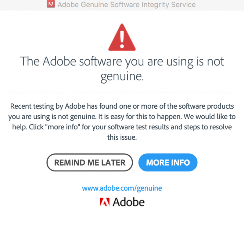 Fout in authentieke Adobe-software
