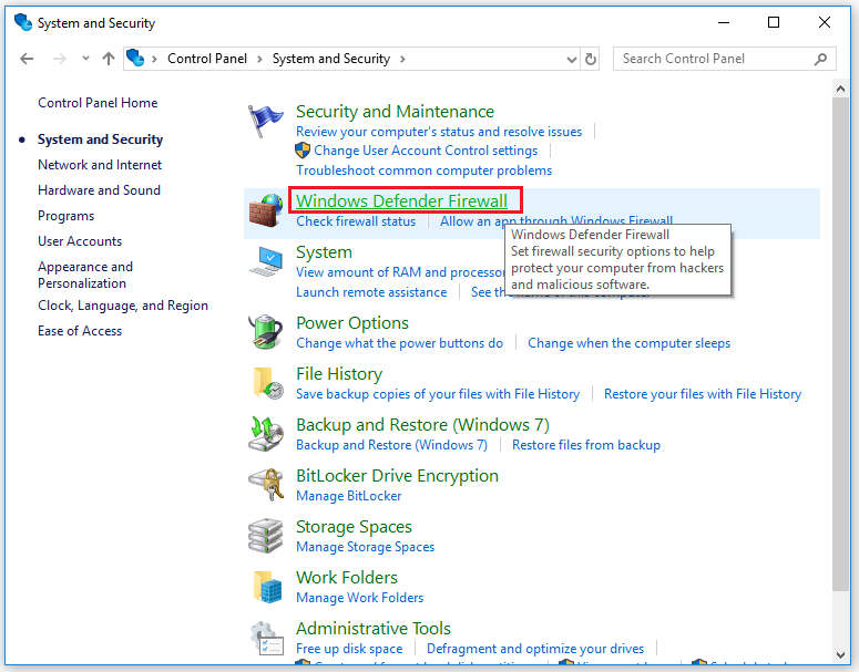 нажмите на брандмауэр Защитника Windows