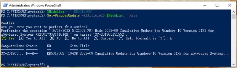   skjul en specifik opdatering med PowerShell