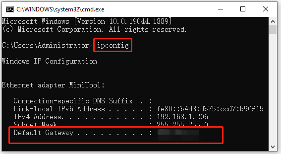 käivitage käsurealt ipconfig
