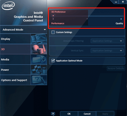sæt 3D-præference til Performance Intel