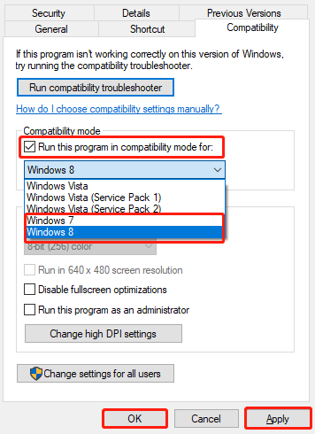 kør spillet i kompatibilitetstilstand til Windows 7