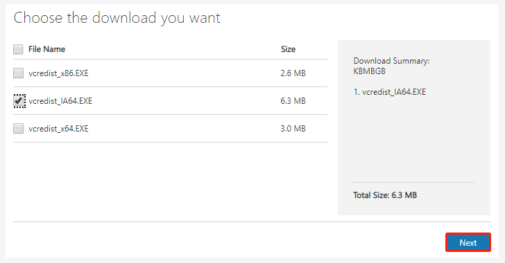 vælg en korrekt vcredist exe-version