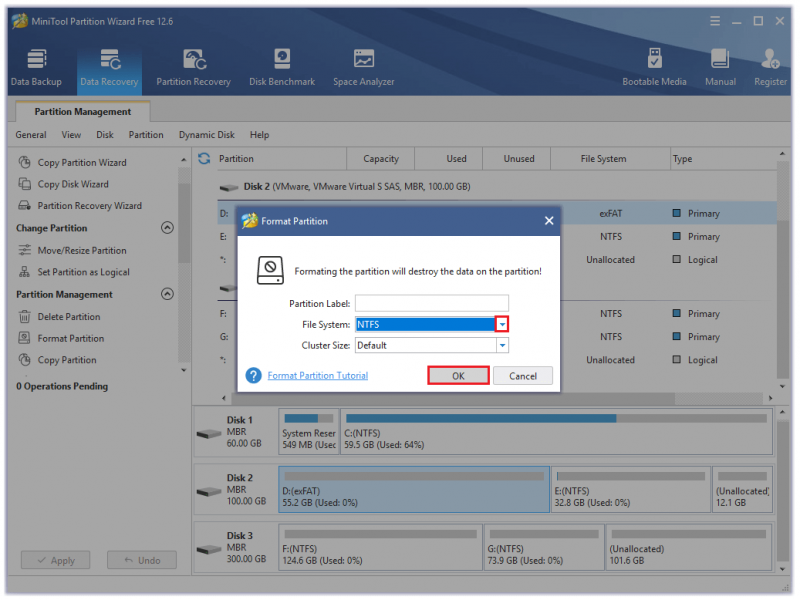   vælg NTFS fra menuen og klik på OK