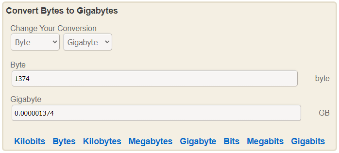   konvertere bytes til gigabyte