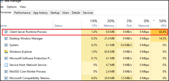 Client Server Runtime Process høj GPU