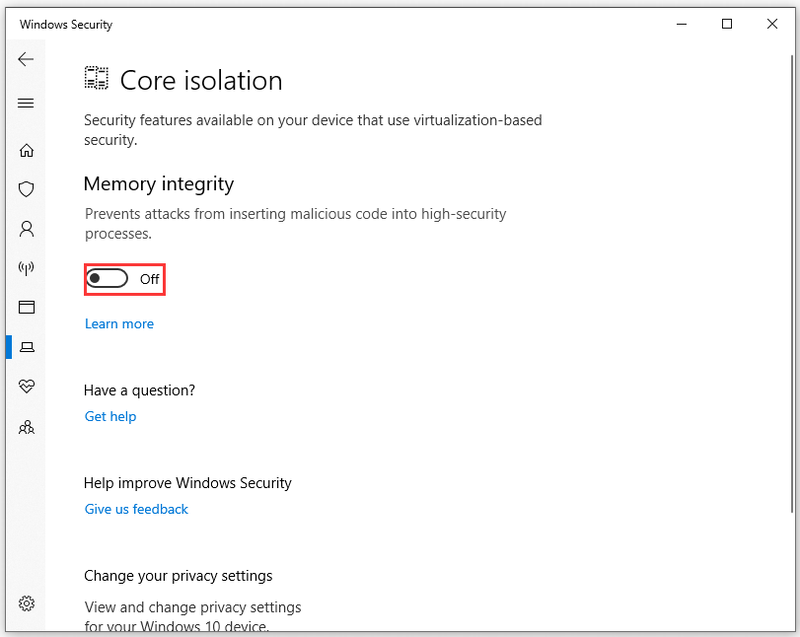 включете целостта на паметта в Windows Security