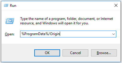 skriv %ProgramData%/Origin i dialogboksen Kør