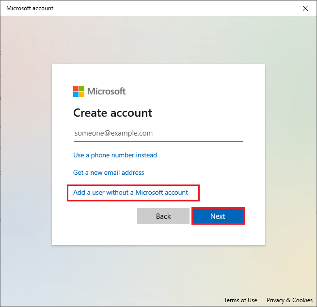 vælg Tilføj en bruger uden en Microsoft-konto