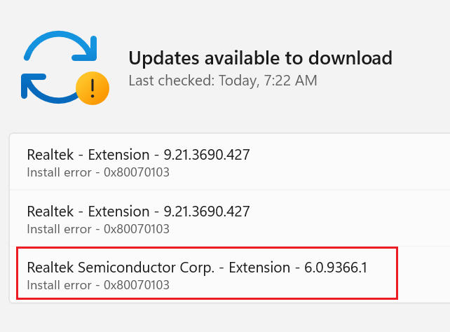 ข้อผิดพลาดในการติดตั้งส่วนขยายของ Realtek Semiconductor Corp 0x80070103