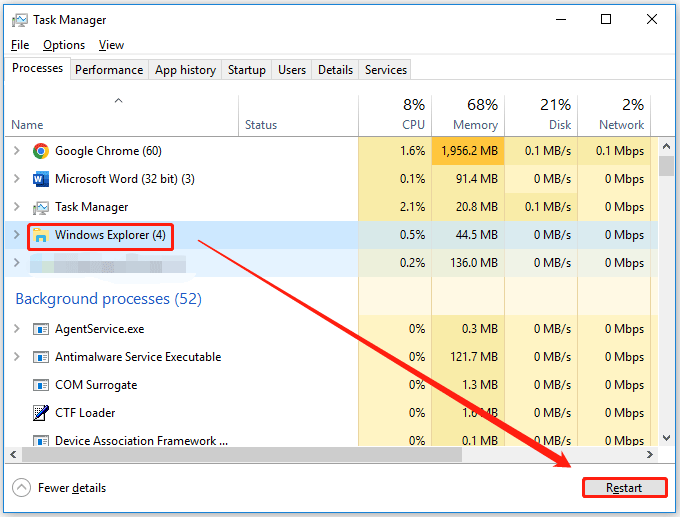   Windows Gezgini'ni yeniden başlatın