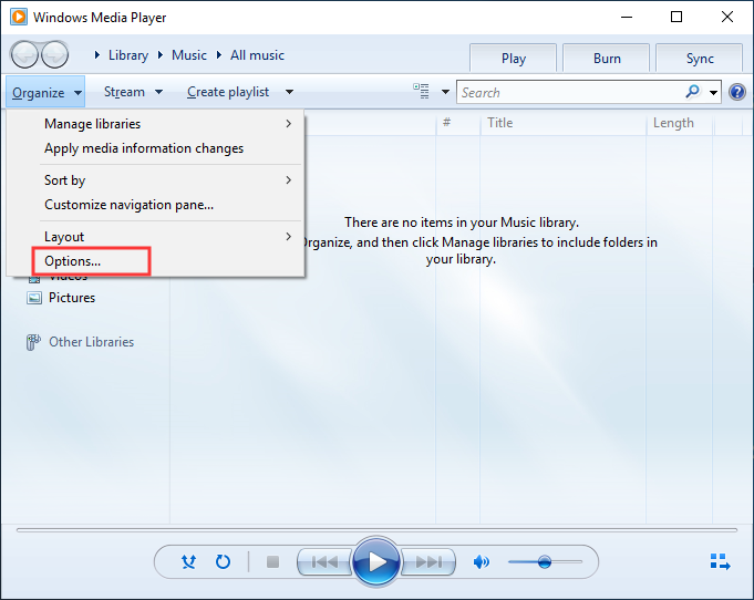 kies opties in Windows Media Player