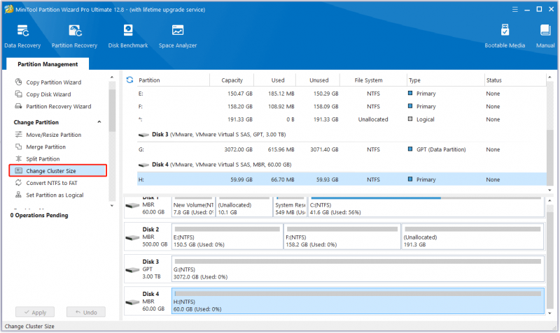   selezionare la funzione Modifica dimensione cluster