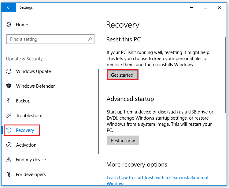 klik op de knop Aan de slag om te beginnen met het resetten van Windows 10