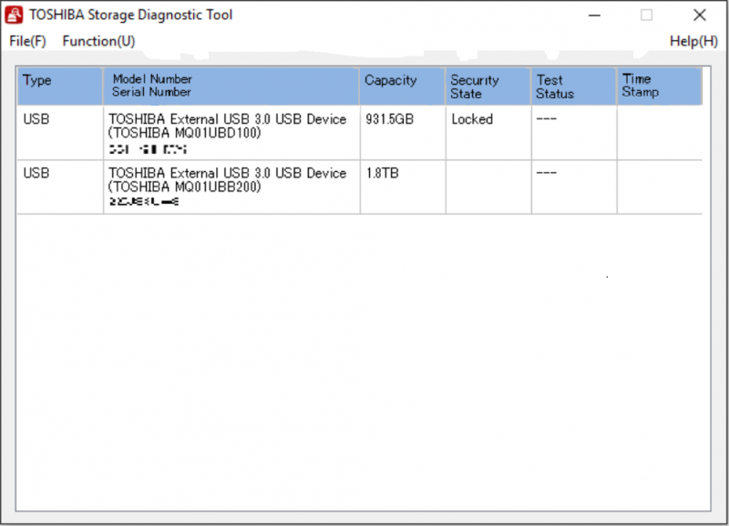 hovedgrænsefladen i TOSHIBA Storage Diagnostics Tool
