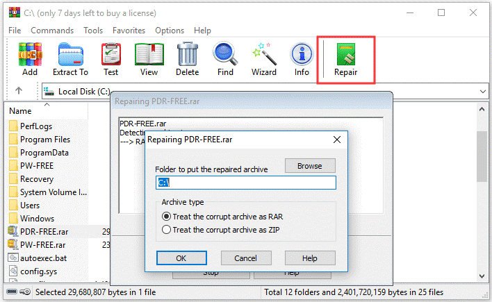 reparere zip-filen ved hjælp af WinRAR