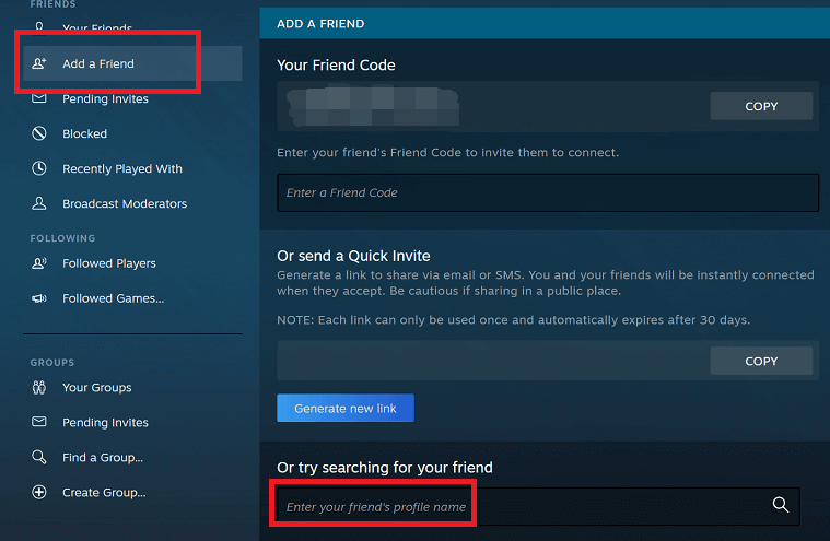 klik på Tilføj en ven på Steam