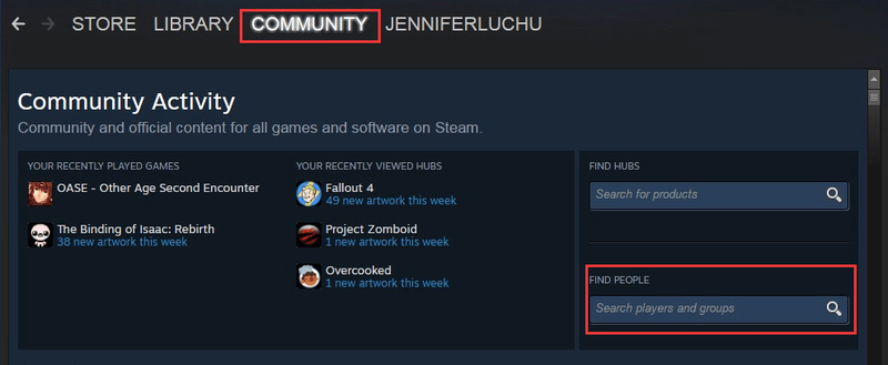 naviger til fanen Fællesskab og find nogen på Steam