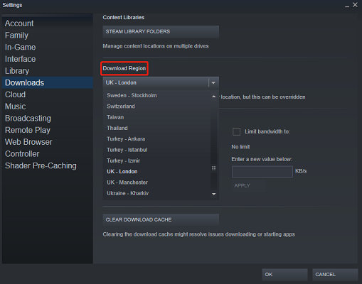 mudar o servidor Steam
