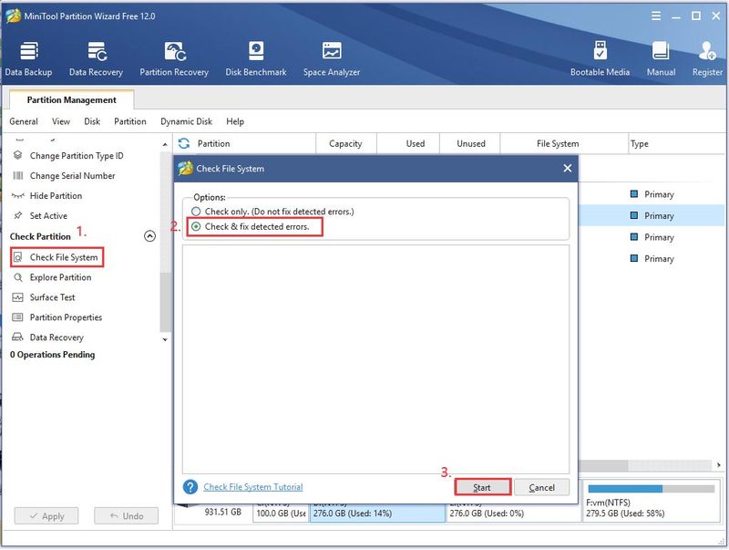 processen med at kontrollere filsystemet ved hjælp af MiniTool Partition Wizard