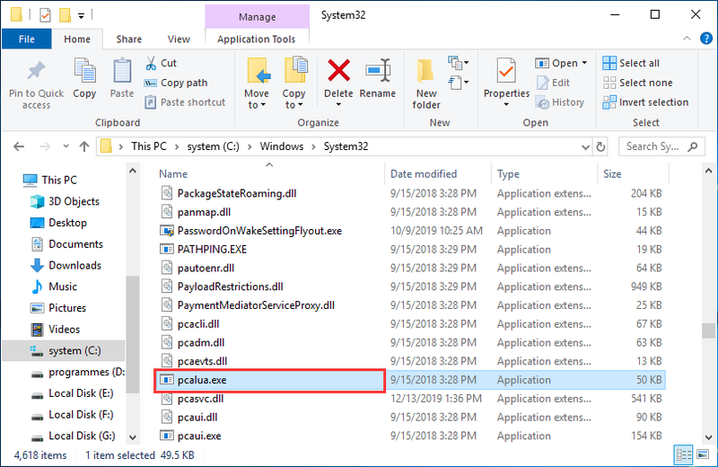 местоположението на файла pcalua.exe