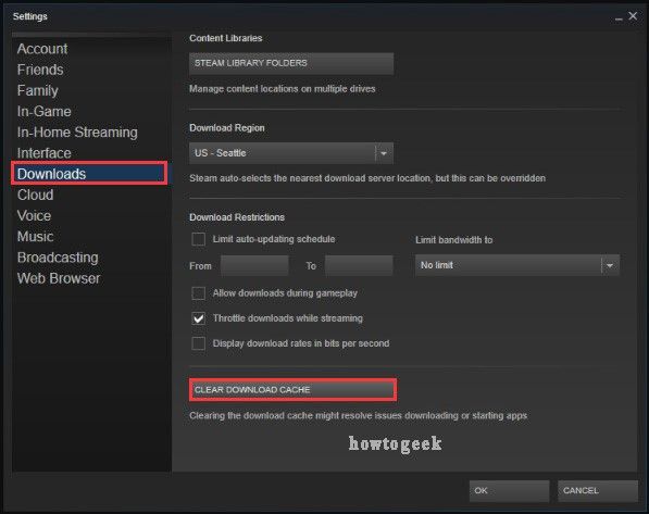 щракнете върху Изчистване на кеша за изтегляне в Steam