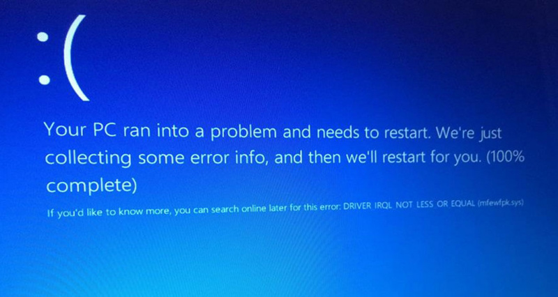 mfewfpk sys Driver IRQL ikke mindre eller lige