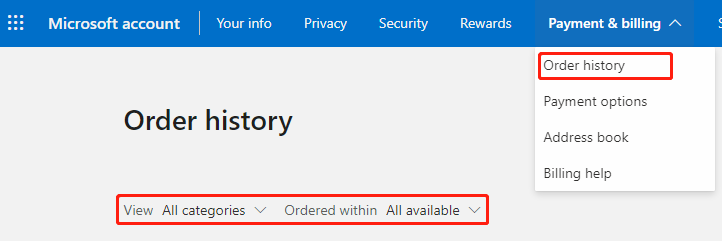 selecteer Bestelgeschiedenis in Microsoft Store