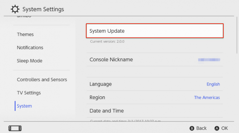 Süsteemi värskenduse versioon Switchis