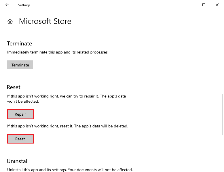   repareer of reset de Microsoft Store-app