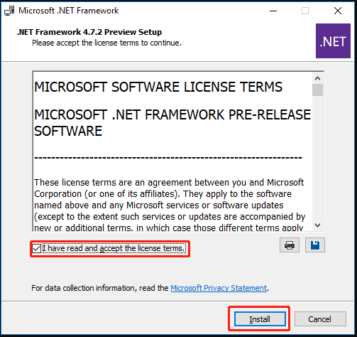   klik op Installeren voor NET Framework