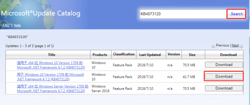   klik op Downloaden in Microsoft Update-catalogus