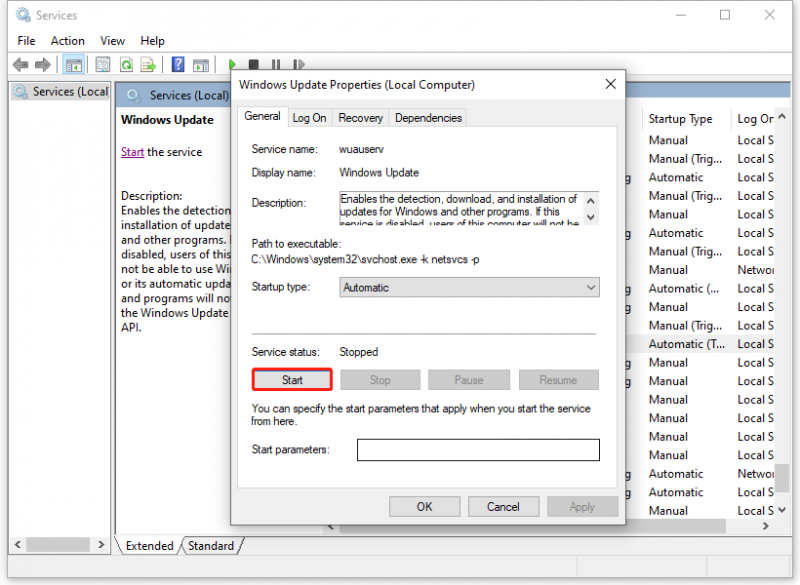 start de Windows Update-service