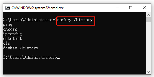 controleer de CMD-geschiedenis met Doskey